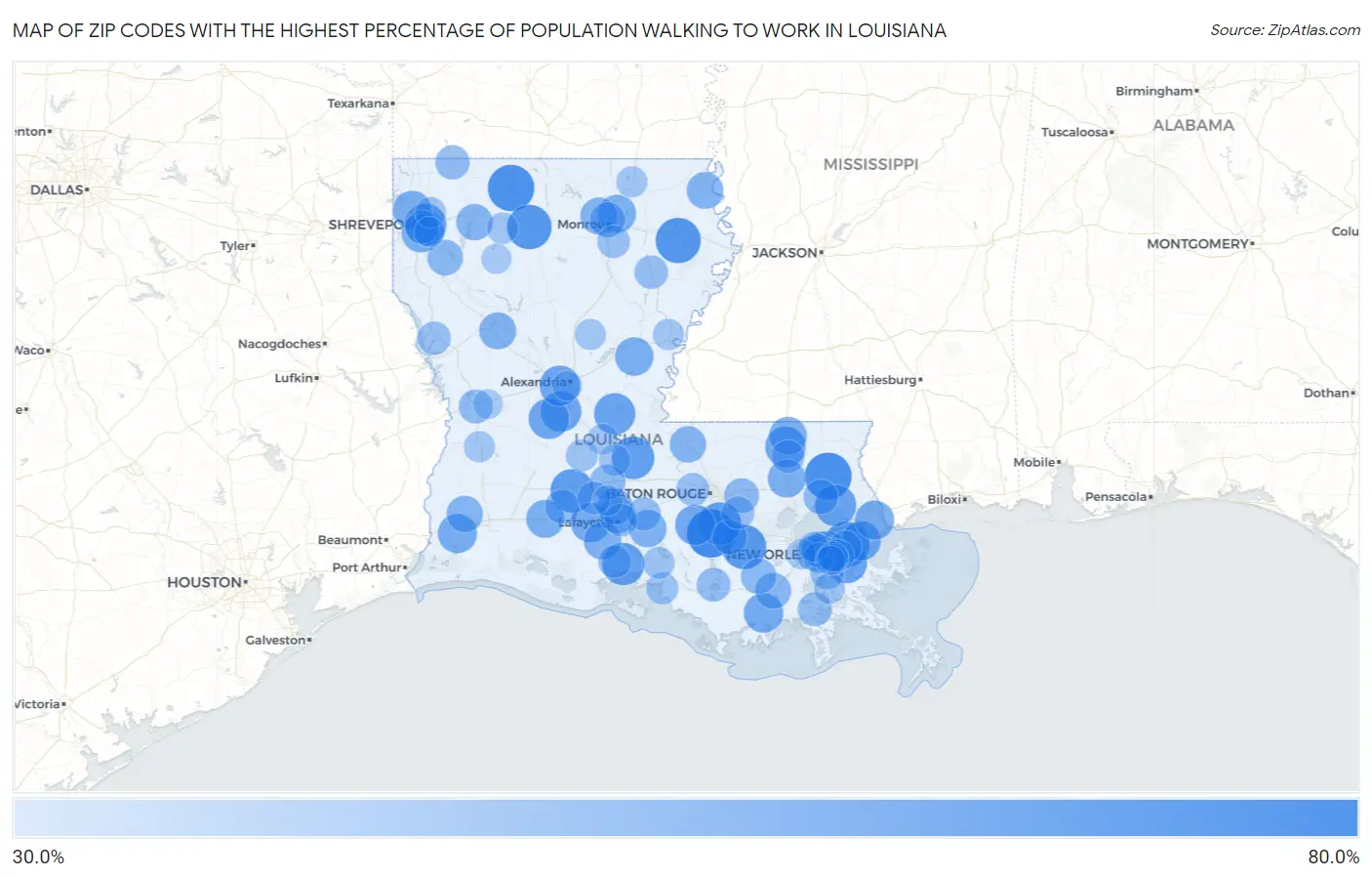 Zip Codes with the Highest Percentage of Population Walking to Work in Louisiana Map