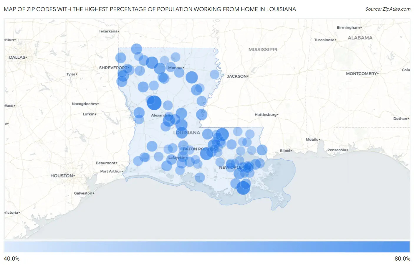 Zip Codes with the Highest Percentage of Population Working from Home in Louisiana Map