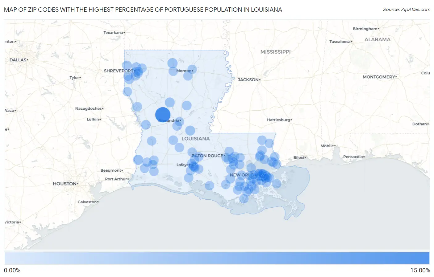 Zip Codes with the Highest Percentage of Portuguese Population in Louisiana Map