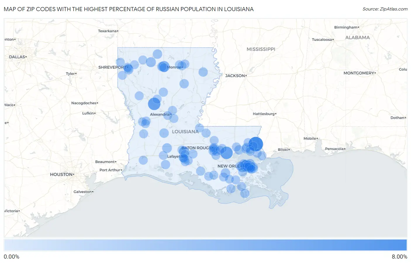 Zip Codes with the Highest Percentage of Russian Population in Louisiana Map