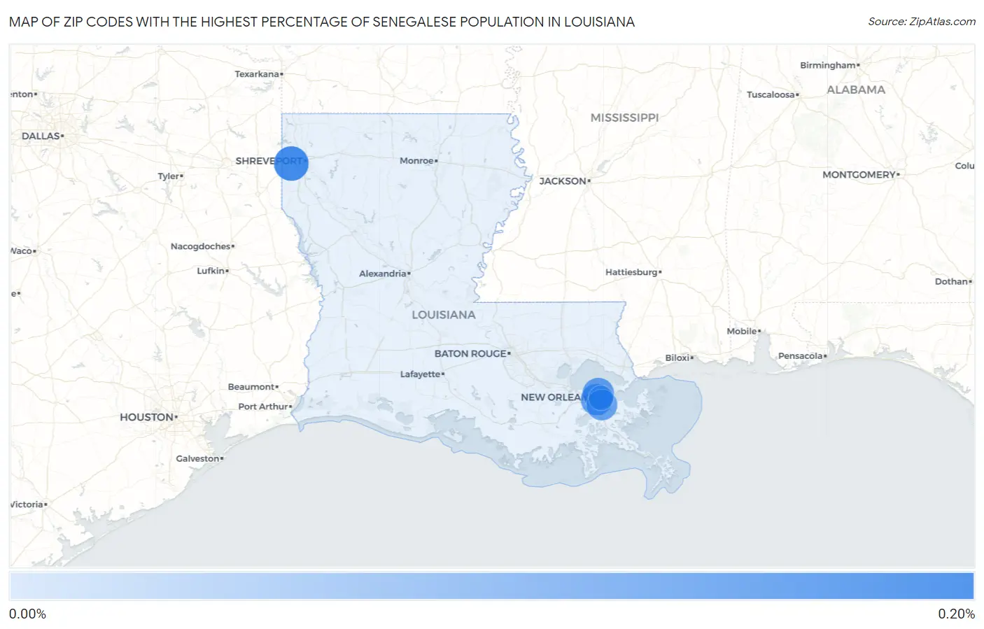 Zip Codes with the Highest Percentage of Senegalese Population in Louisiana Map