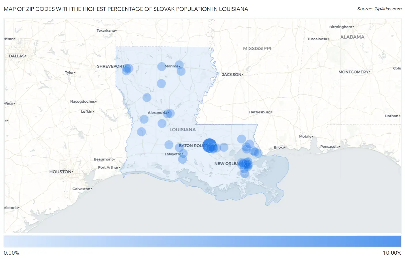 Zip Codes with the Highest Percentage of Slovak Population in Louisiana Map