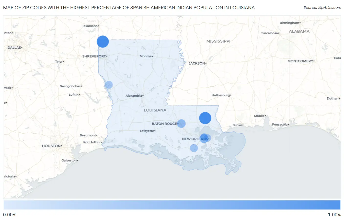 Zip Codes with the Highest Percentage of Spanish American Indian Population in Louisiana Map