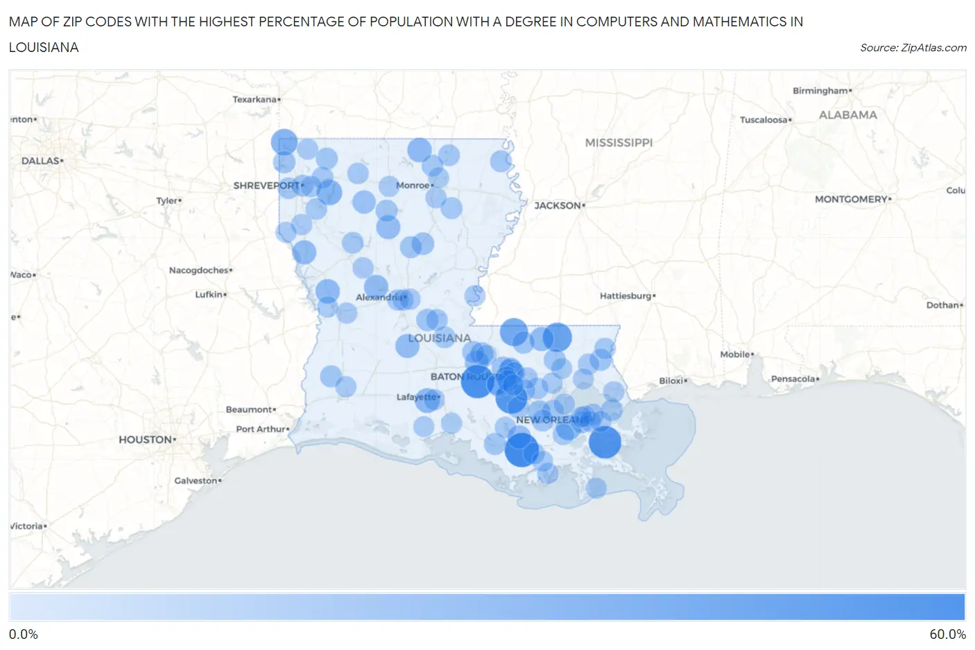 Zip Codes with the Highest Percentage of Population with a Degree in Computers and Mathematics in Louisiana Map
