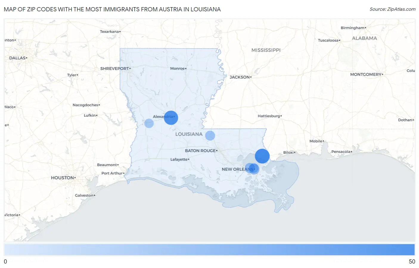 Zip Codes with the Most Immigrants from Austria in Louisiana Map