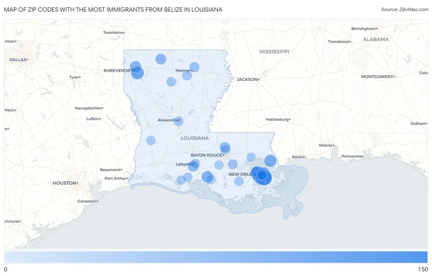 Zip Codes with the Most Immigrants from Belize in Louisiana Map
