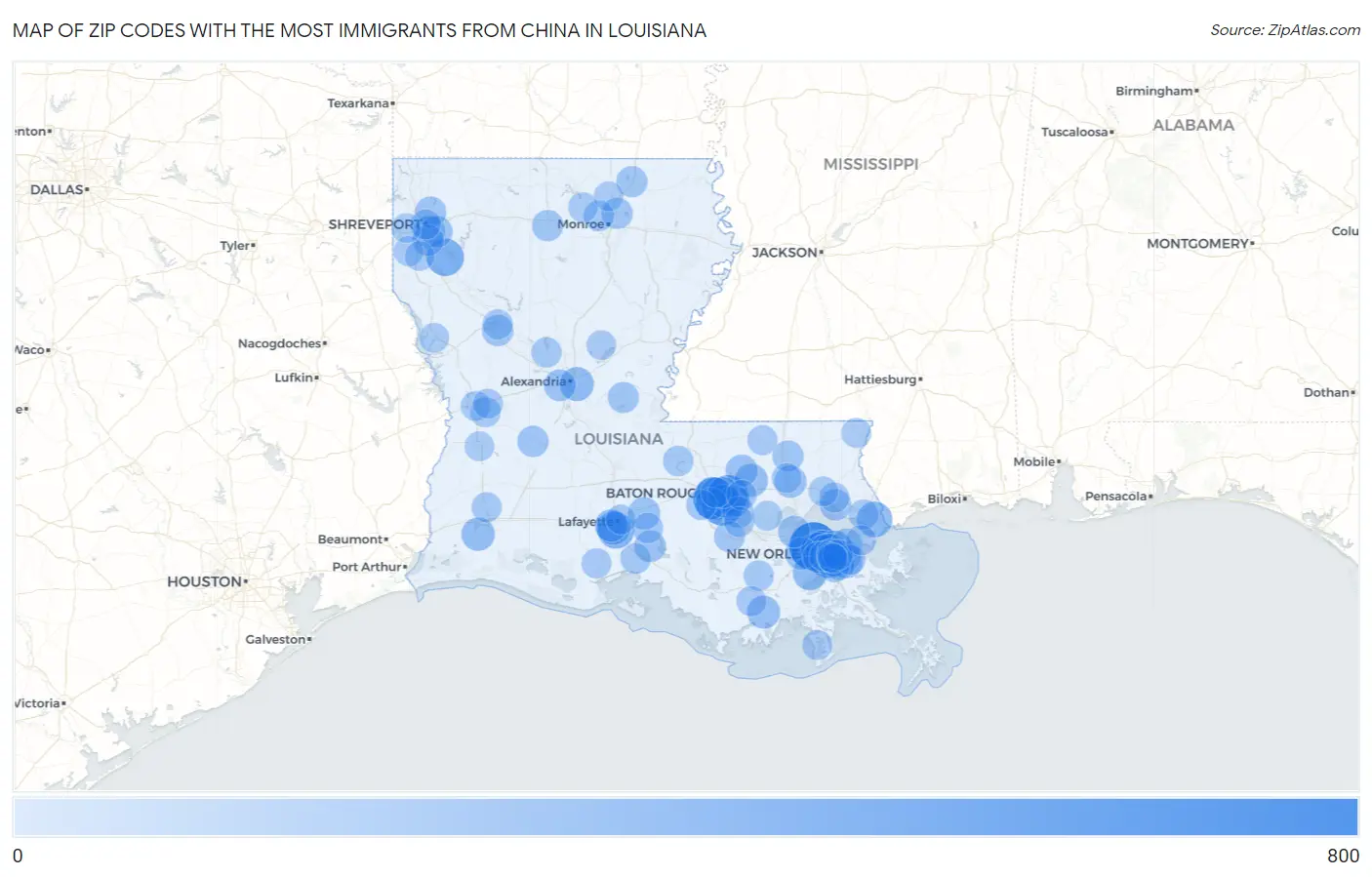 Zip Codes with the Most Immigrants from China in Louisiana Map
