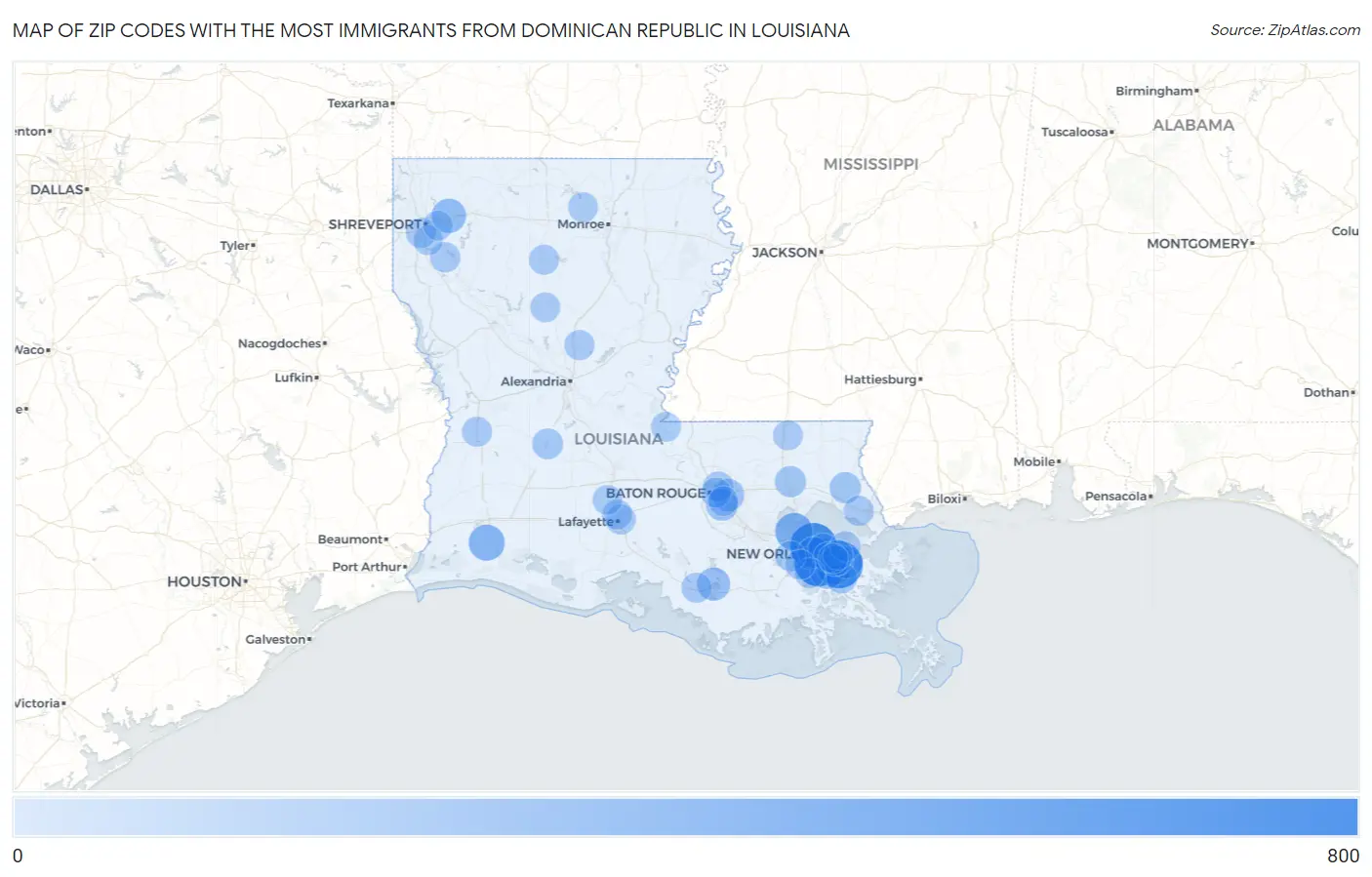 Zip Codes with the Most Immigrants from Dominican Republic in Louisiana Map