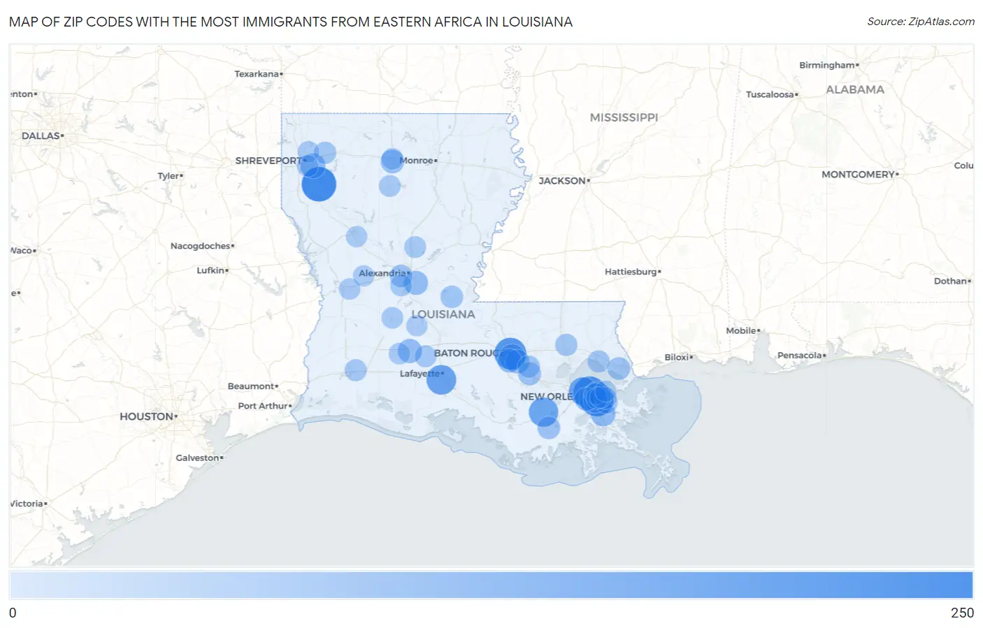 Zip Codes with the Most Immigrants from Eastern Africa in Louisiana Map