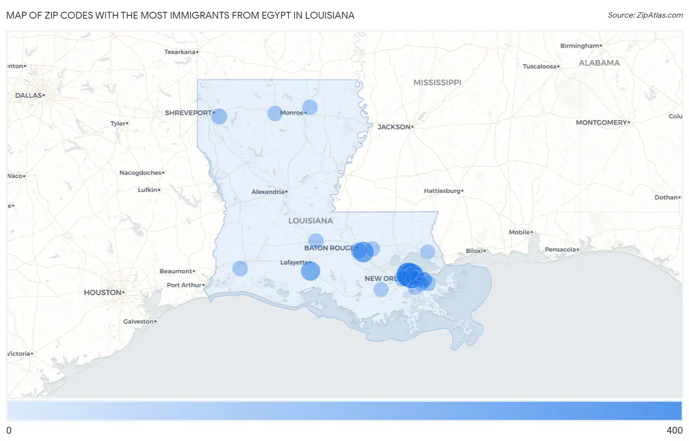 Zip Codes with the Most Immigrants from Egypt in Louisiana Map