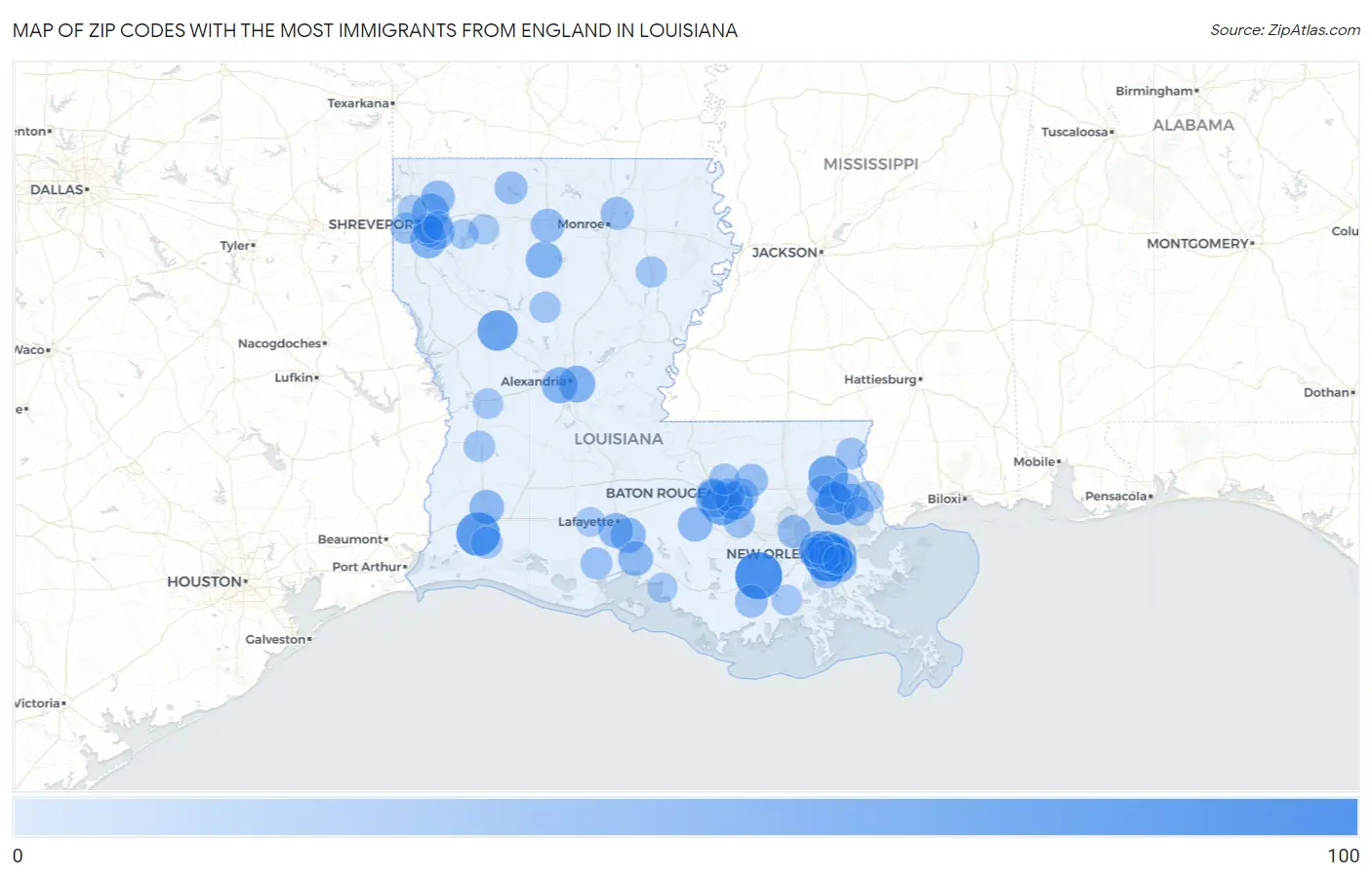 Zip Codes with the Most Immigrants from England in Louisiana Map