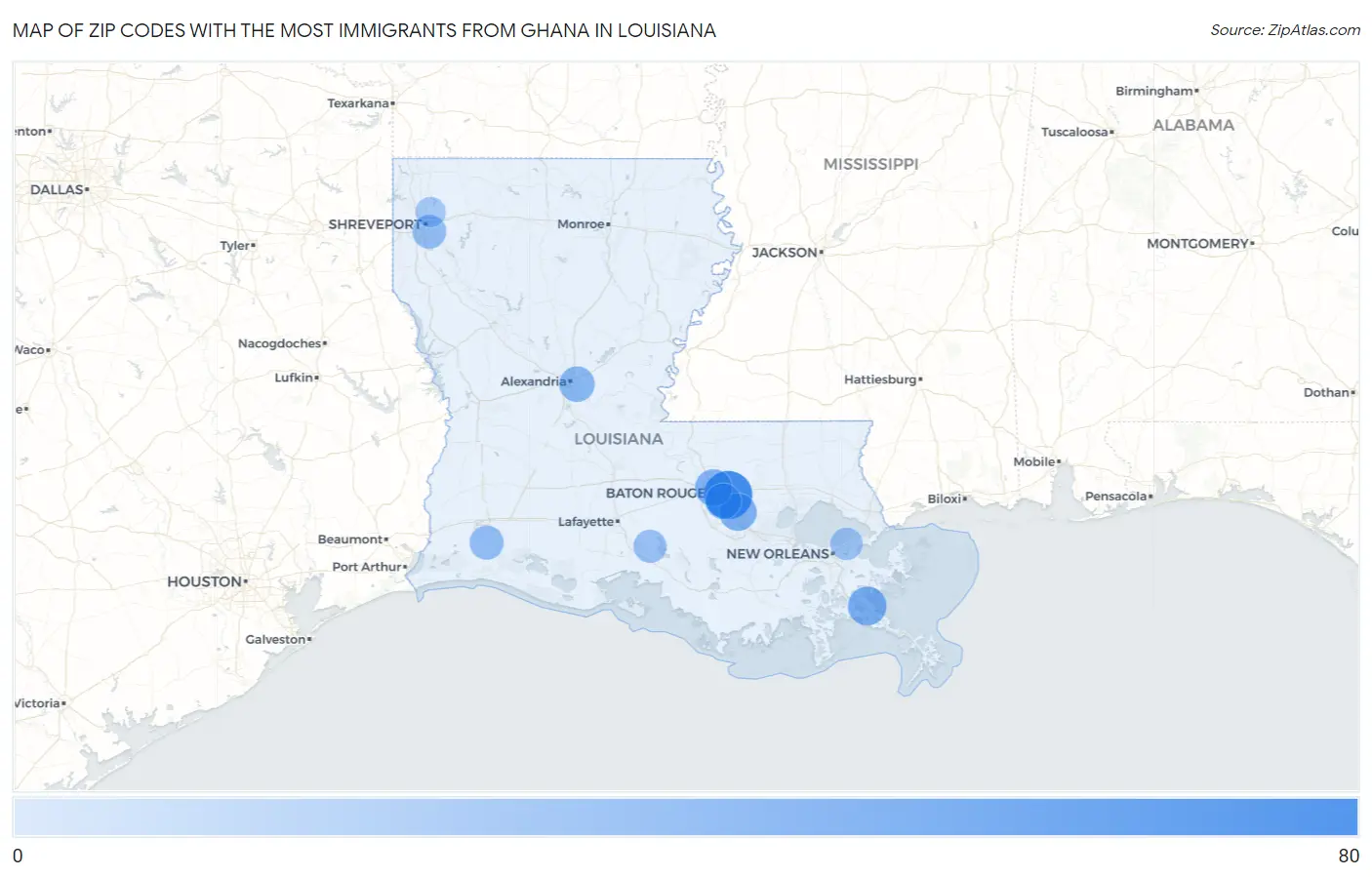 Zip Codes with the Most Immigrants from Ghana in Louisiana Map