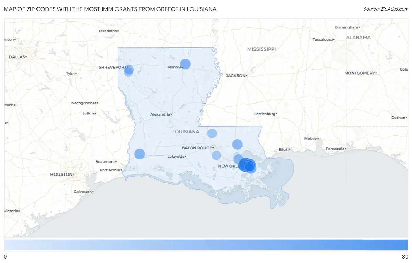 Zip Codes with the Most Immigrants from Greece in Louisiana Map