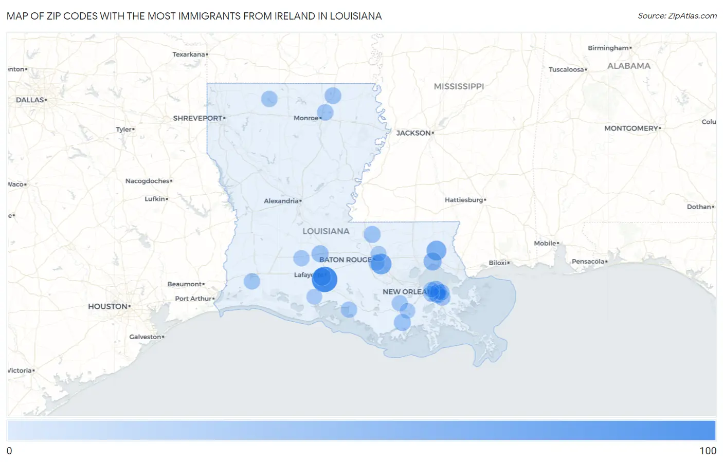 Zip Codes with the Most Immigrants from Ireland in Louisiana Map