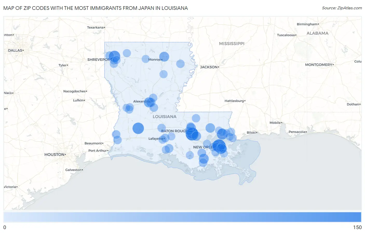 Zip Codes with the Most Immigrants from Japan in Louisiana Map
