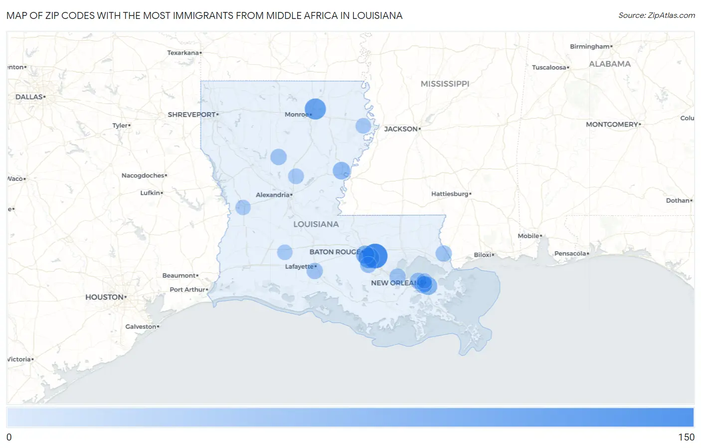 Zip Codes with the Most Immigrants from Middle Africa in Louisiana Map