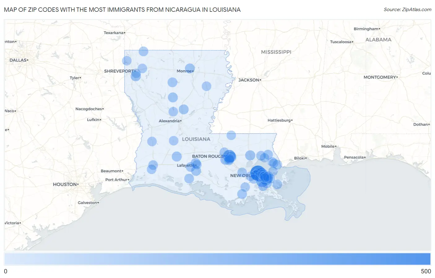 Zip Codes with the Most Immigrants from Nicaragua in Louisiana Map