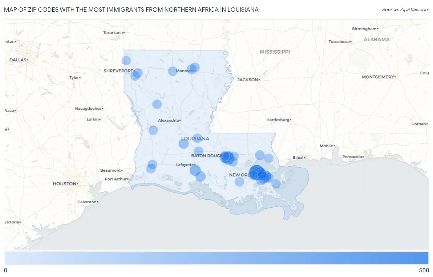 Zip Codes with the Most Immigrants from Northern Africa in Louisiana Map