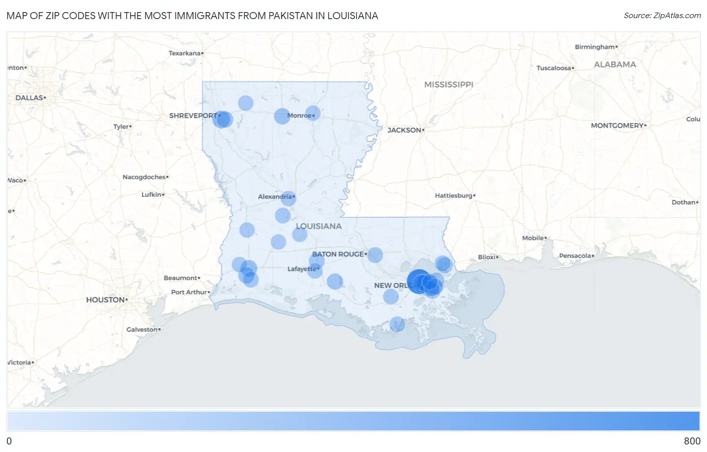 Zip Codes with the Most Immigrants from Pakistan in Louisiana Map