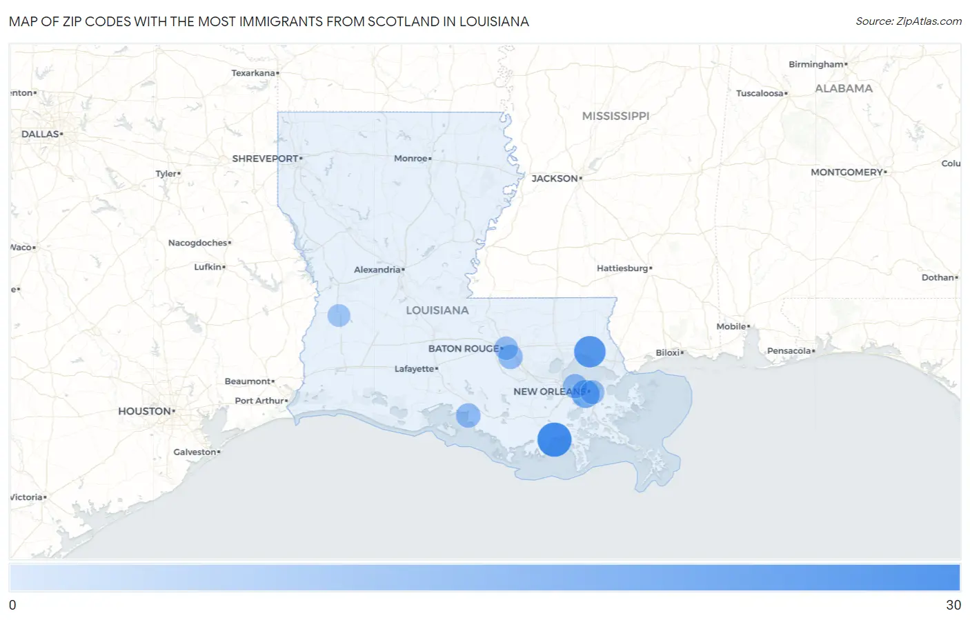 Zip Codes with the Most Immigrants from Scotland in Louisiana Map
