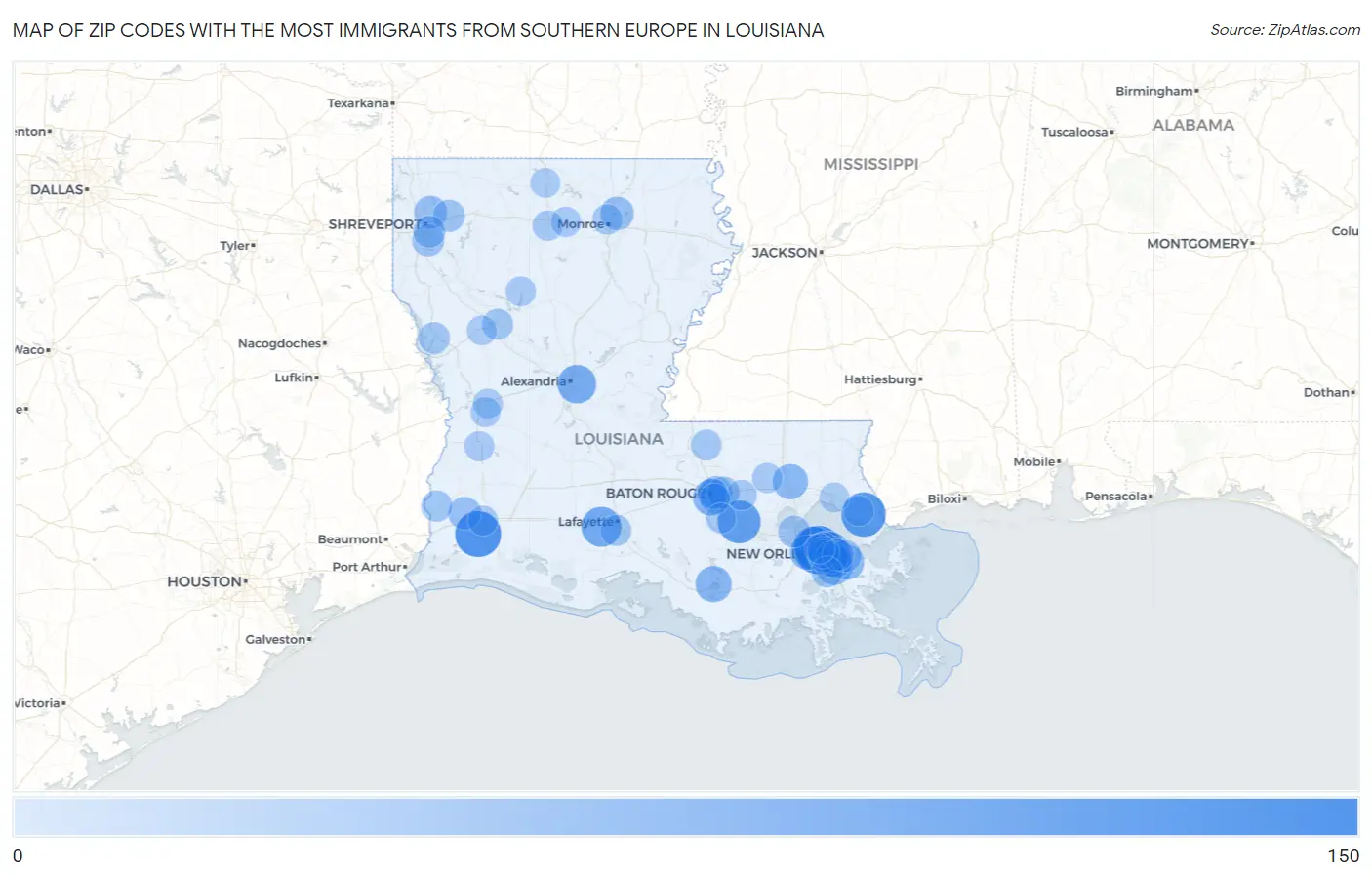Zip Codes with the Most Immigrants from Southern Europe in Louisiana Map