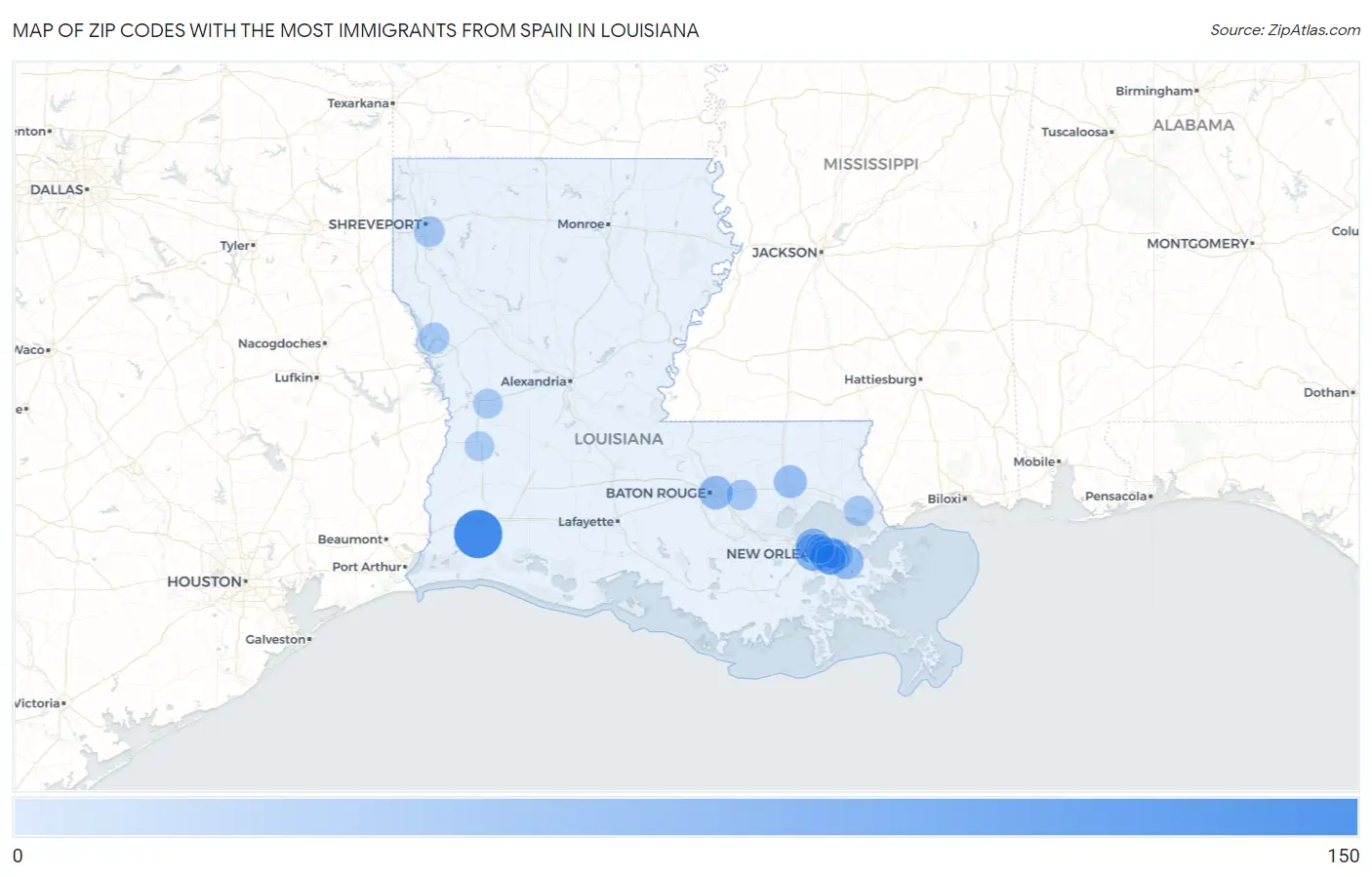 Zip Codes with the Most Immigrants from Spain in Louisiana Map