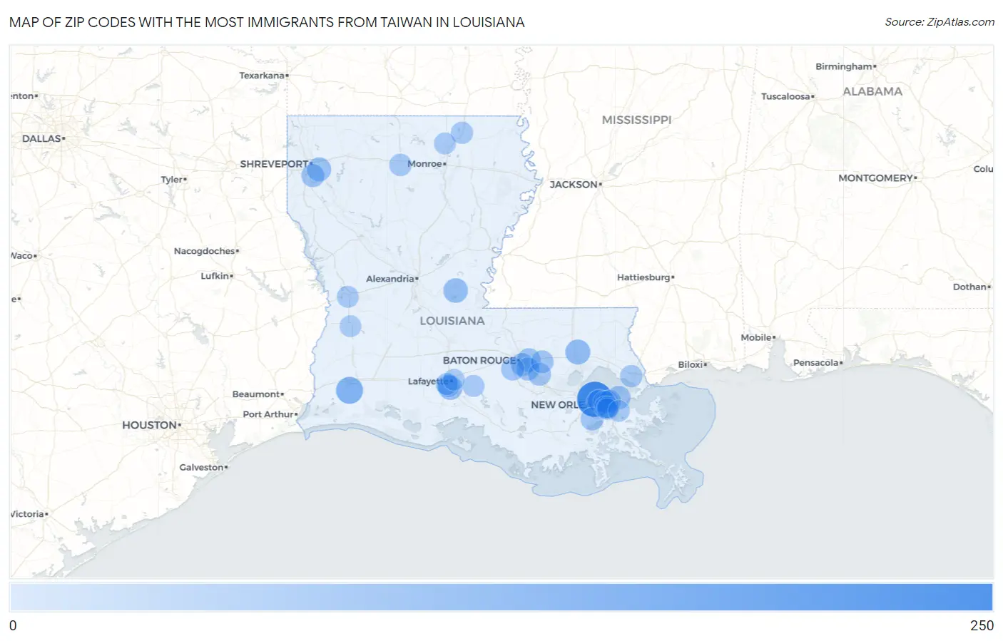 Zip Codes with the Most Immigrants from Taiwan in Louisiana Map