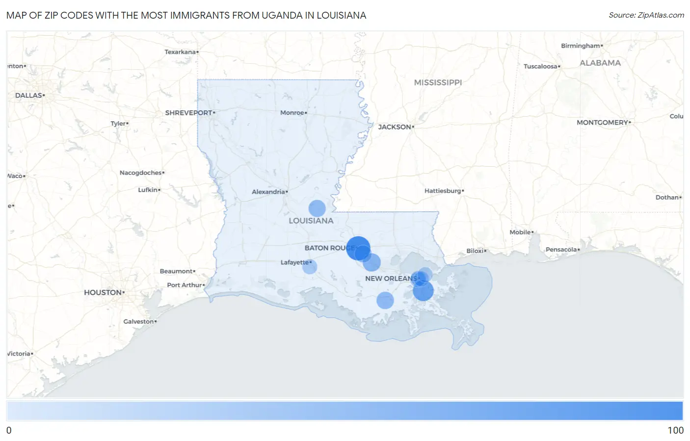 Zip Codes with the Most Immigrants from Uganda in Louisiana Map