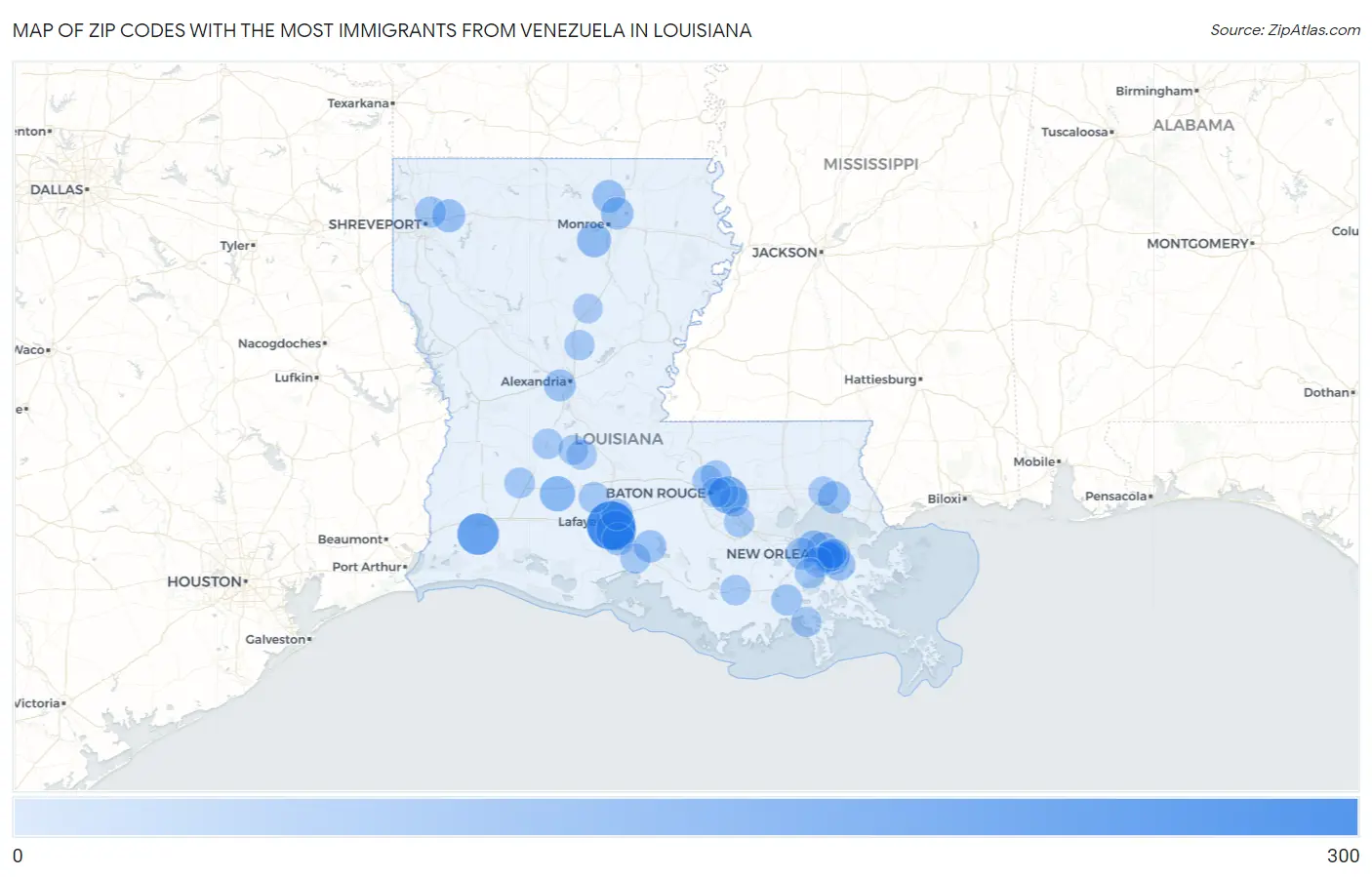 Zip Codes with the Most Immigrants from Venezuela in Louisiana Map