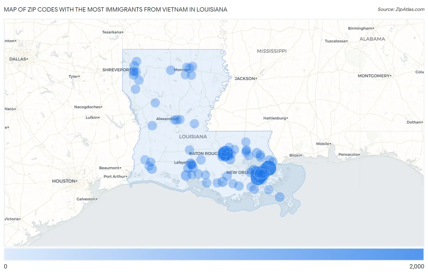 Zip Codes with the Most Immigrants from Vietnam in Louisiana Map