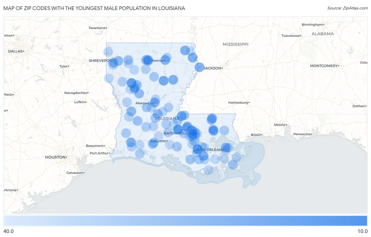 Zip Codes with the Youngest Male Population in Louisiana Map