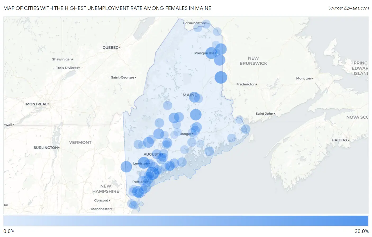 Cities with the Highest Unemployment Rate Among Females in Maine Map