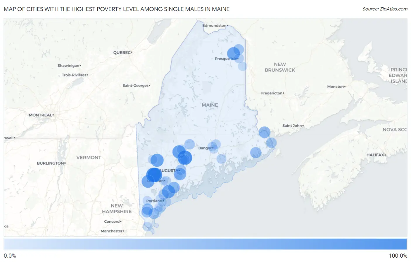 Cities with the Highest Poverty Level Among Single Males in Maine Map