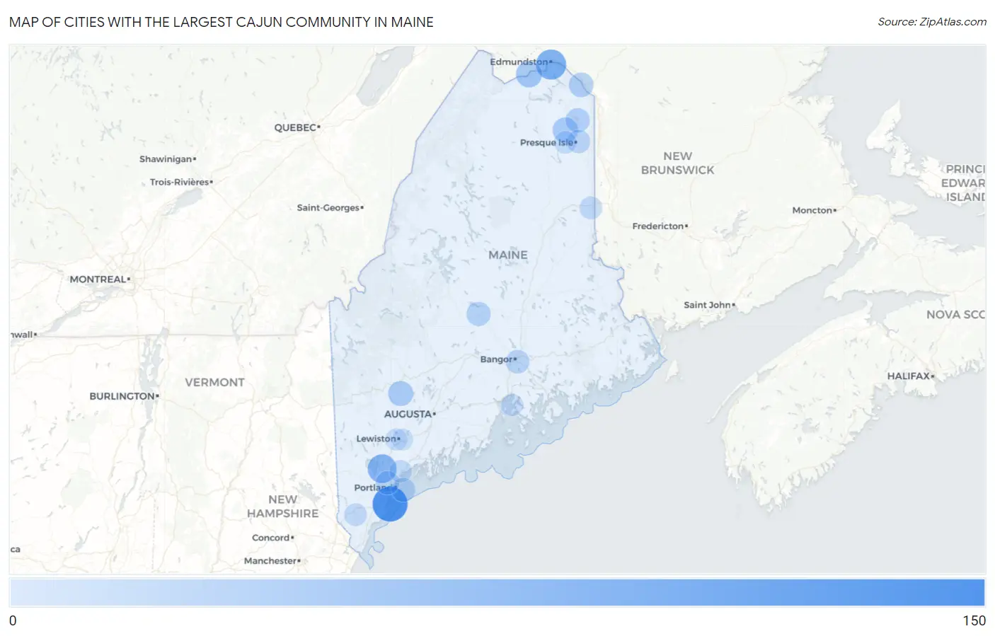 Cities with the Largest Cajun Community in Maine Map