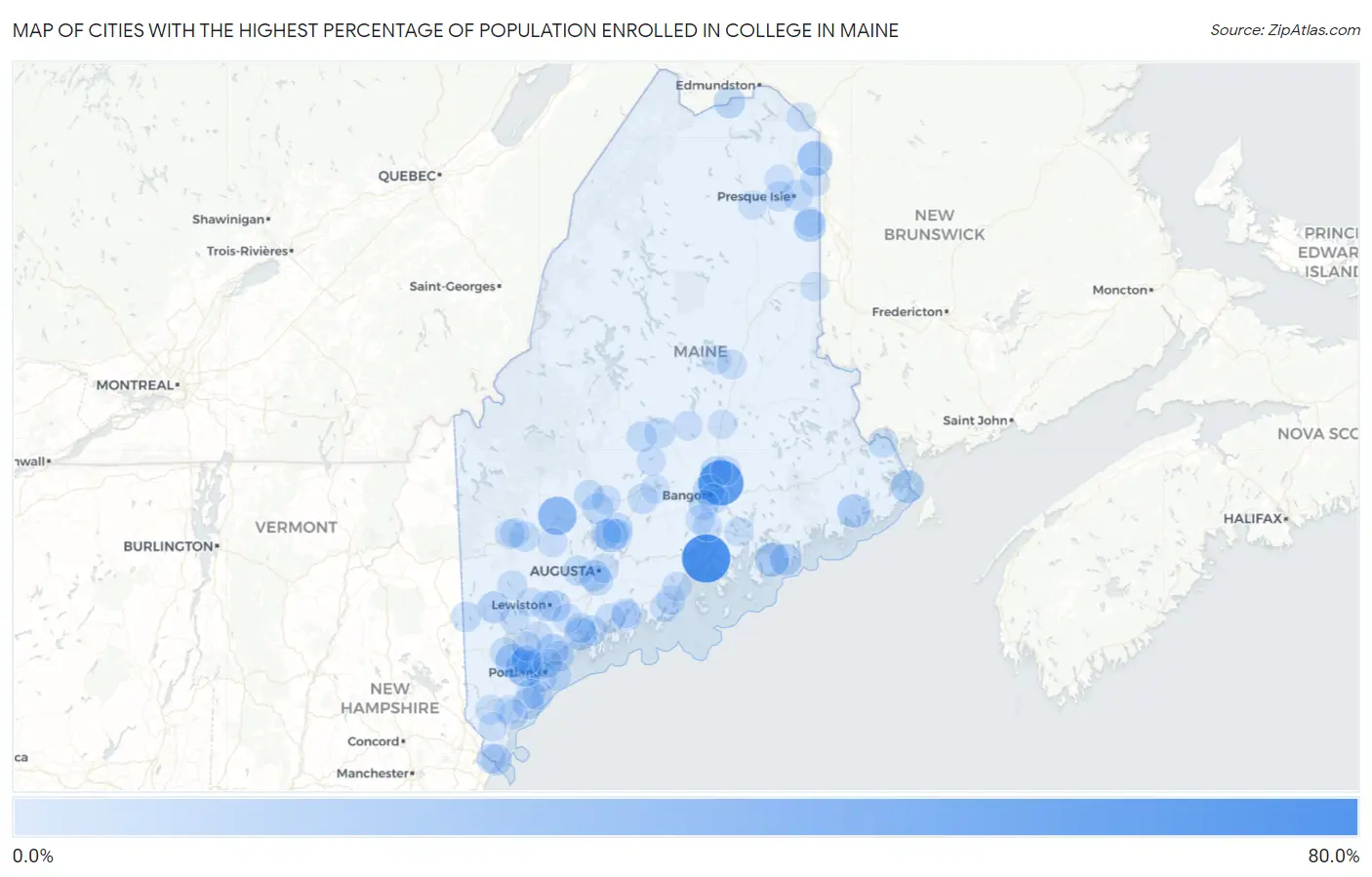 Cities with the Highest Percentage of Population Enrolled in College in Maine Map