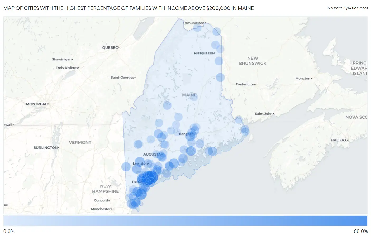 Cities with the Highest Percentage of Families with Income Above $200,000 in Maine Map