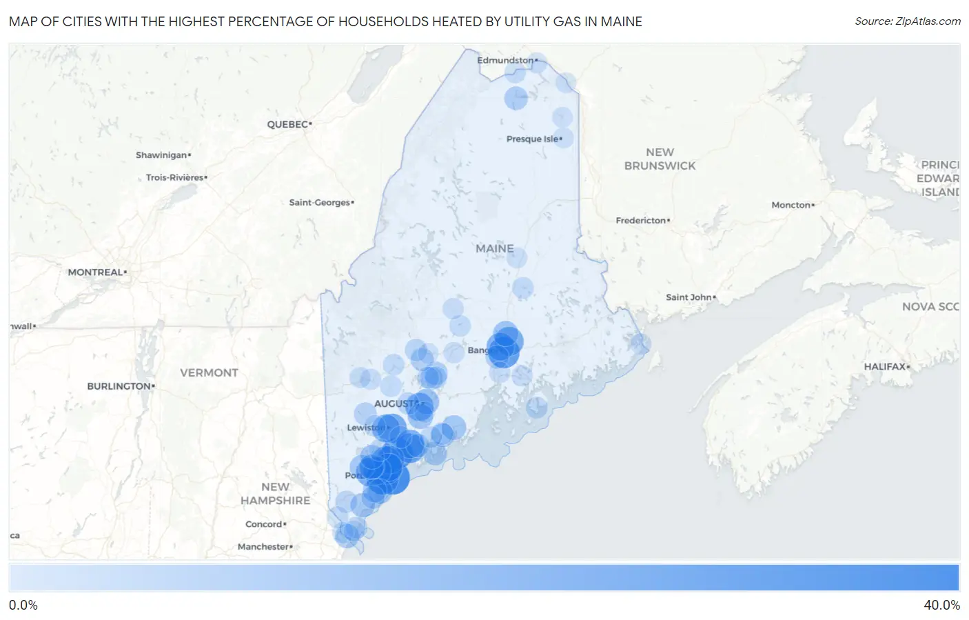 Cities with the Highest Percentage of Households Heated by Utility Gas in Maine Map