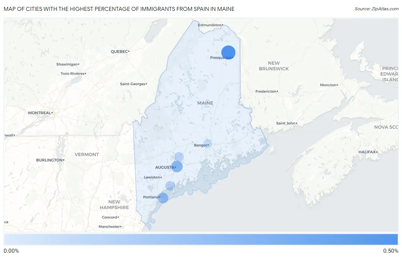 Cities with the Highest Percentage of Immigrants from Spain in Maine Map