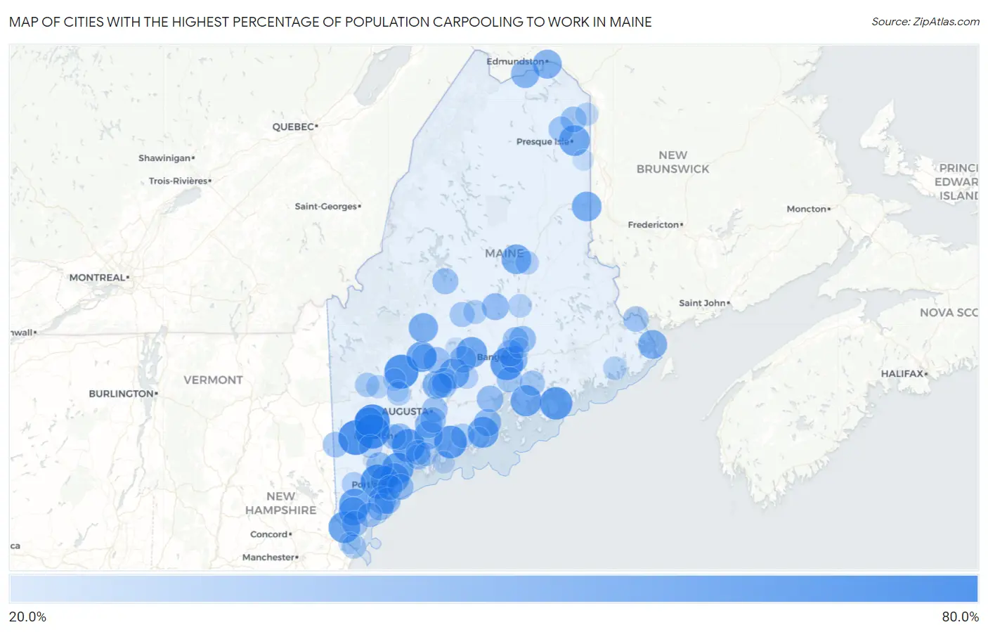 Cities with the Highest Percentage of Population Carpooling to Work in Maine Map