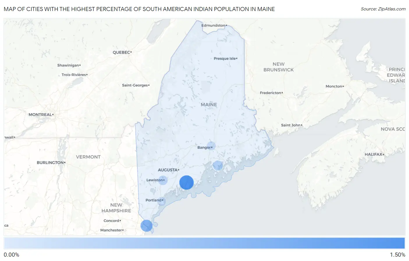 Cities with the Highest Percentage of South American Indian Population in Maine Map