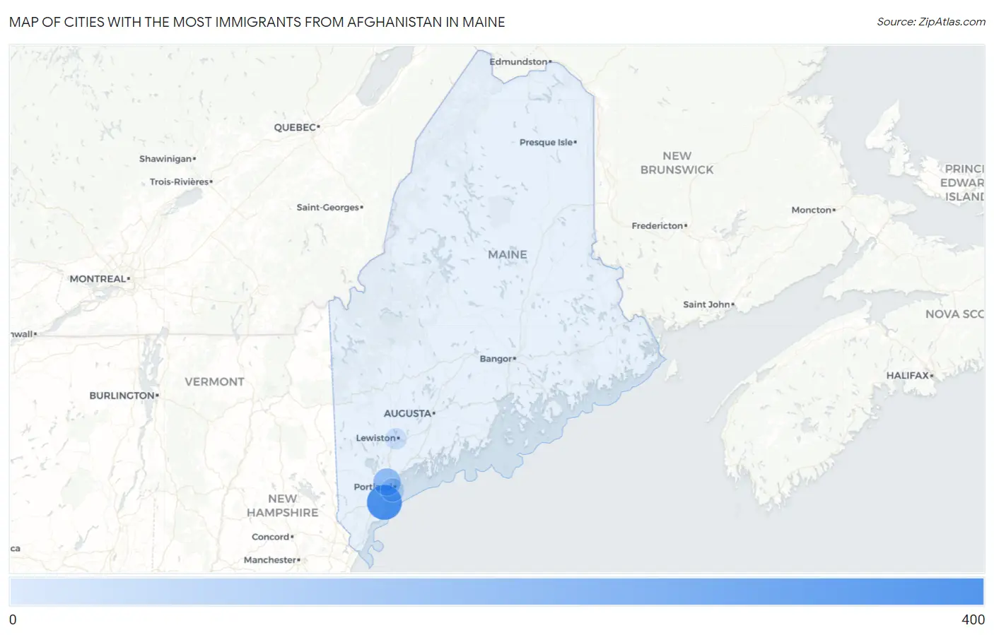 Cities with the Most Immigrants from Afghanistan in Maine Map