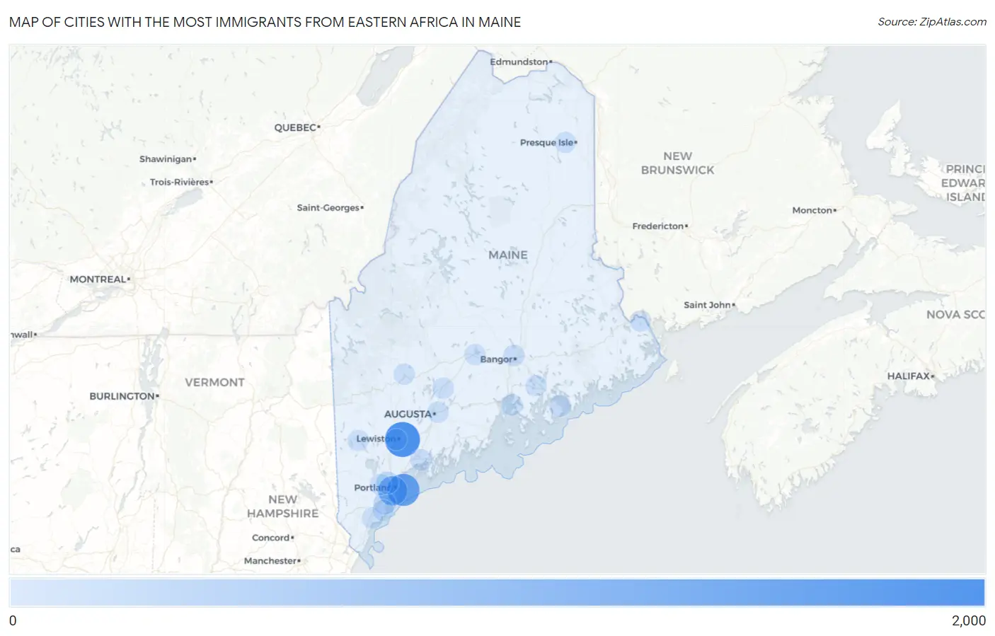 Cities with the Most Immigrants from Eastern Africa in Maine Map