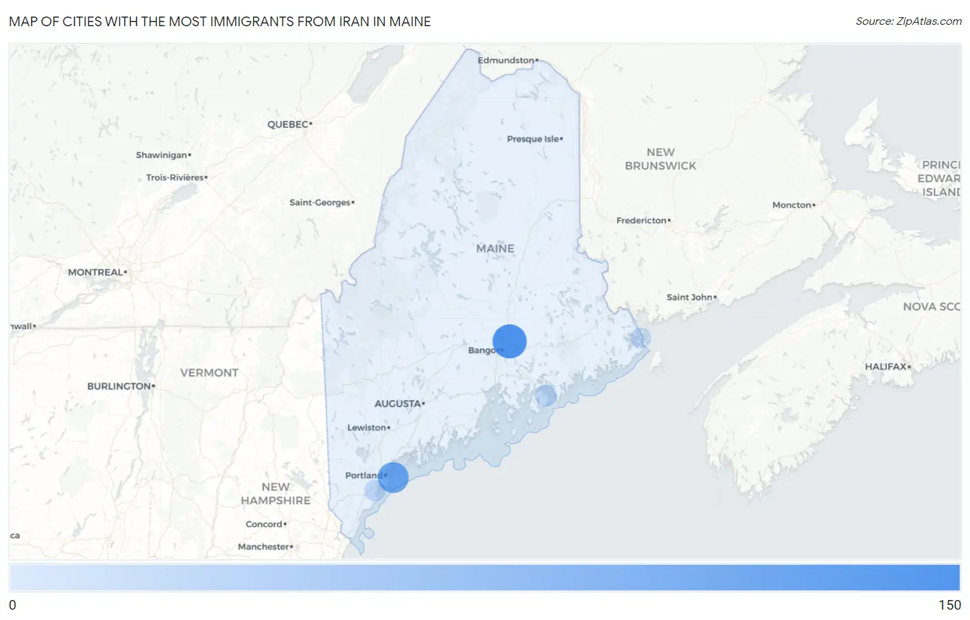 Cities with the Most Immigrants from Iran in Maine Map