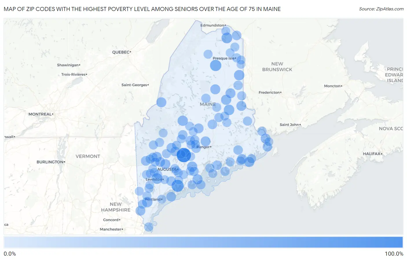 Zip Codes with the Highest Poverty Level Among Seniors Over the Age of 75 in Maine Map