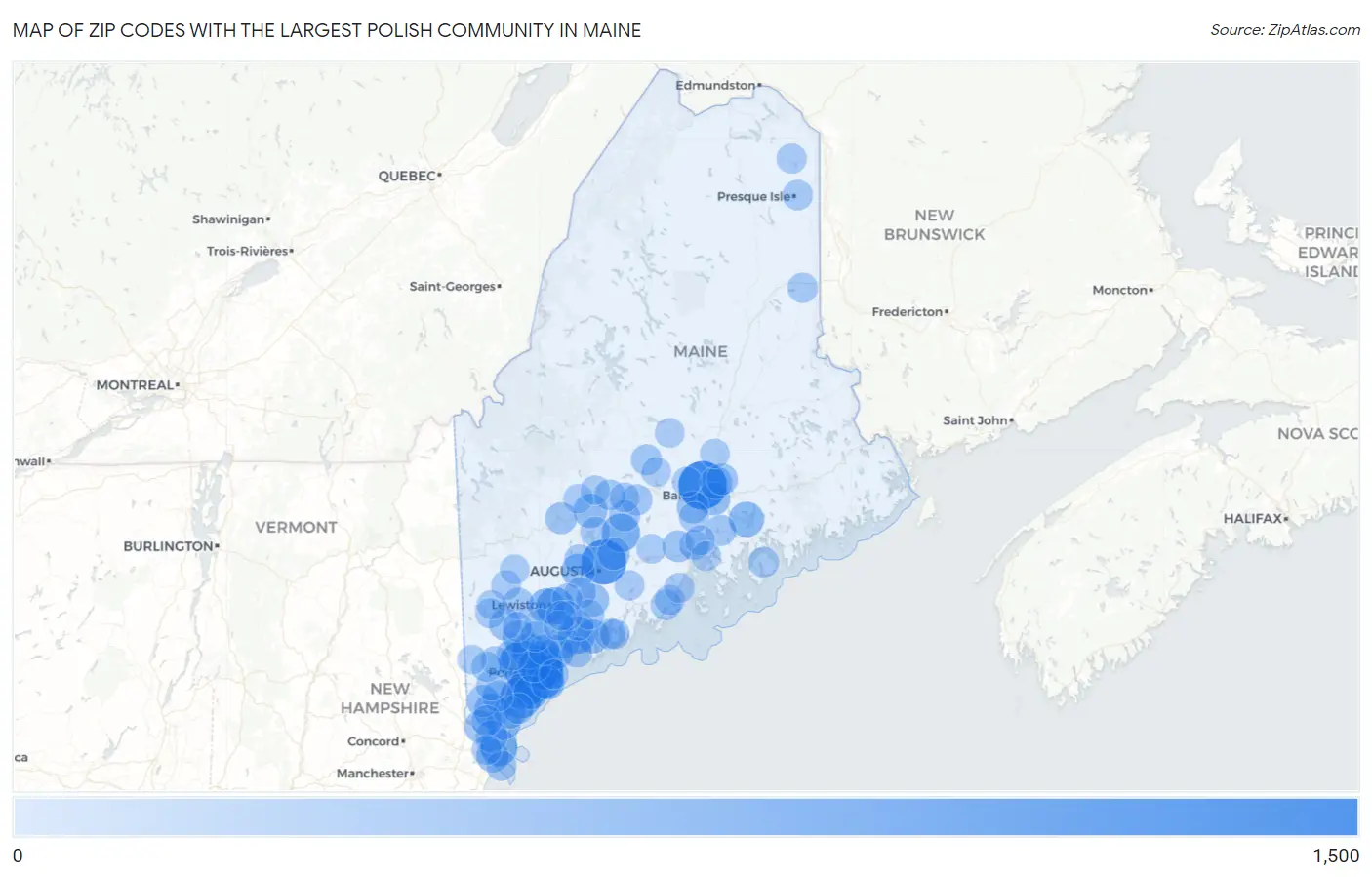 Zip Codes with the Largest Polish Community in Maine Map