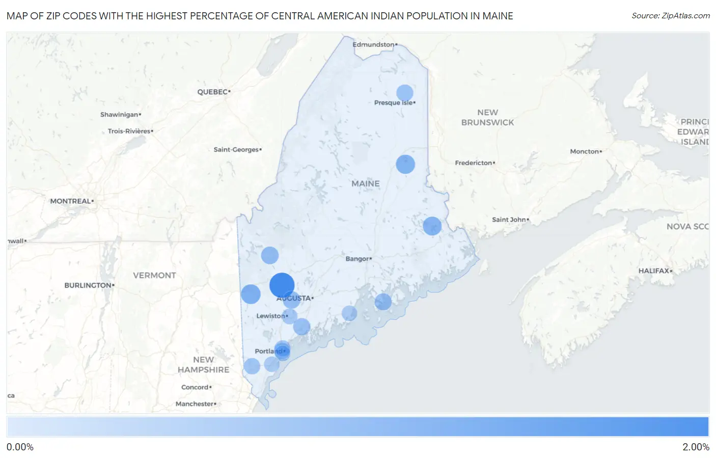 Zip Codes with the Highest Percentage of Central American Indian Population in Maine Map