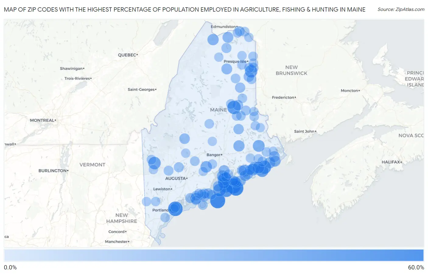 Zip Codes with the Highest Percentage of Population Employed in Agriculture, Fishing & Hunting in Maine Map