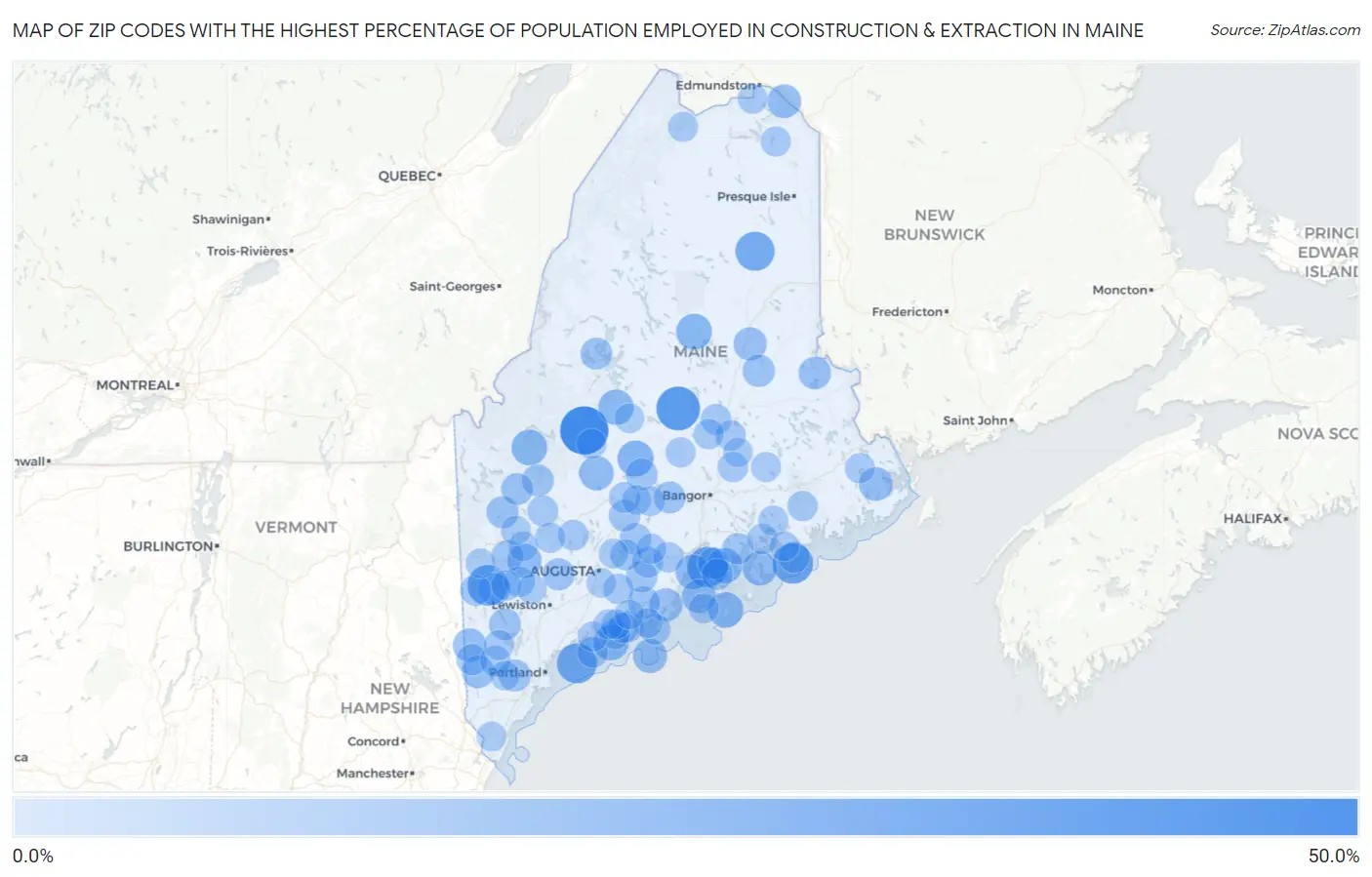 Zip Codes with the Highest Percentage of Population Employed in Construction & Extraction in Maine Map
