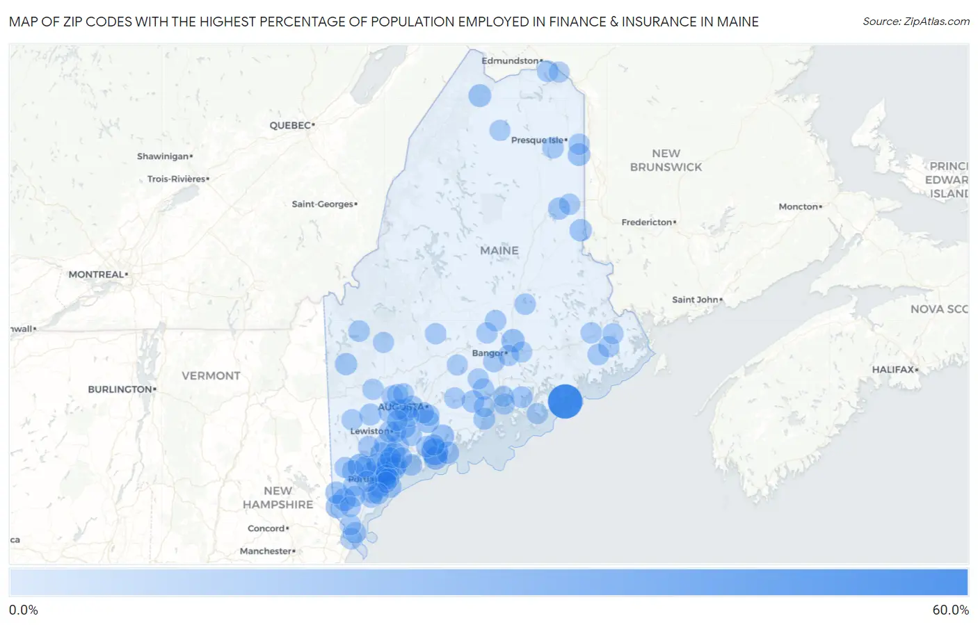 Zip Codes with the Highest Percentage of Population Employed in Finance & Insurance in Maine Map