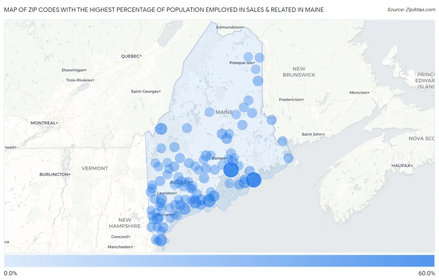 Zip Codes with the Highest Percentage of Population Employed in Sales & Related in Maine Map
